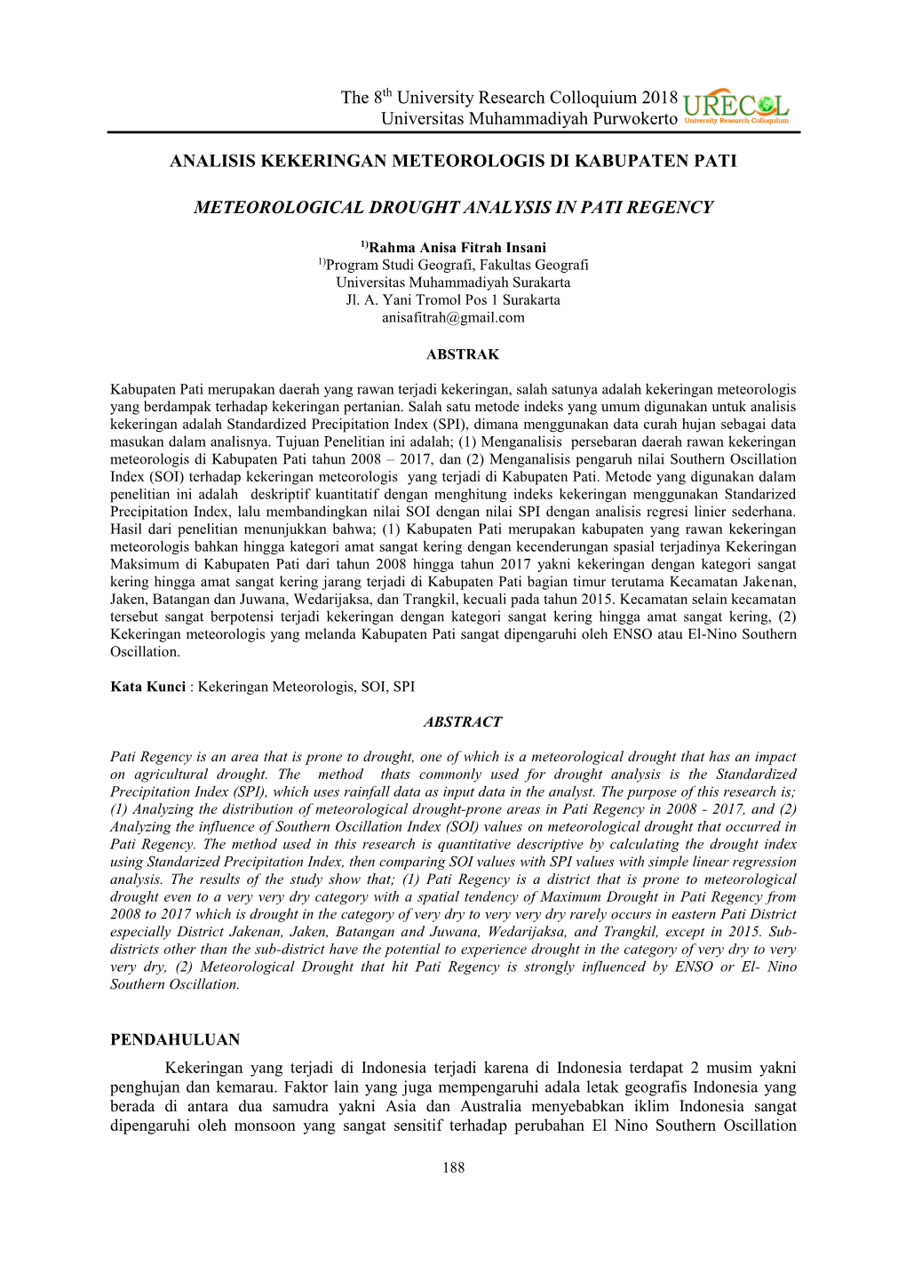 Analisis Kekeringan Meteorologis Di Kabupaten Pati Meteorological