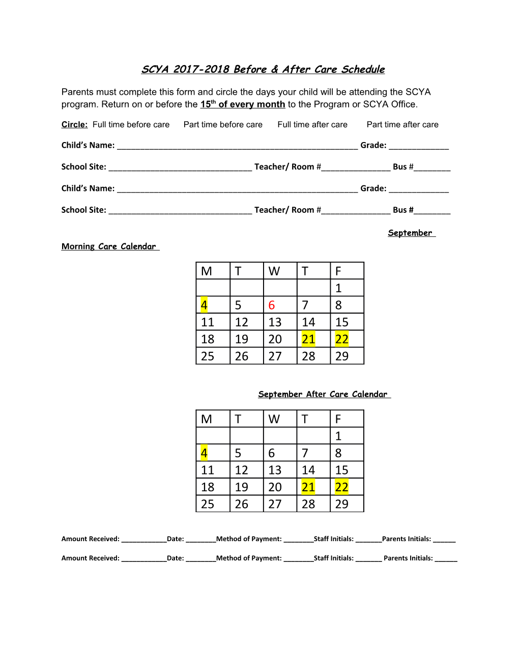 SCYA 2017-2018 Before & After Care Schedule