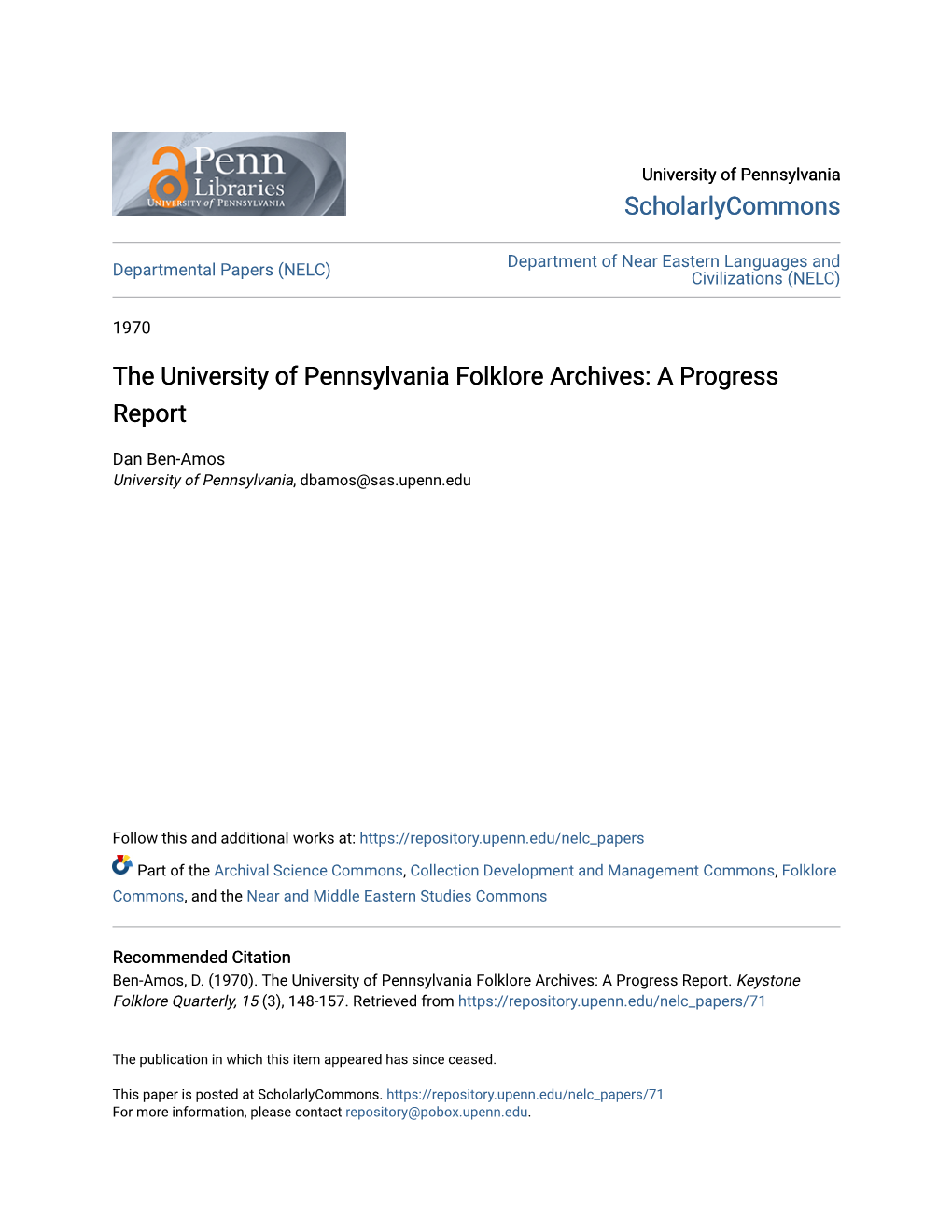 The University of Pennsylvania Folklore Archives: a Progress Report