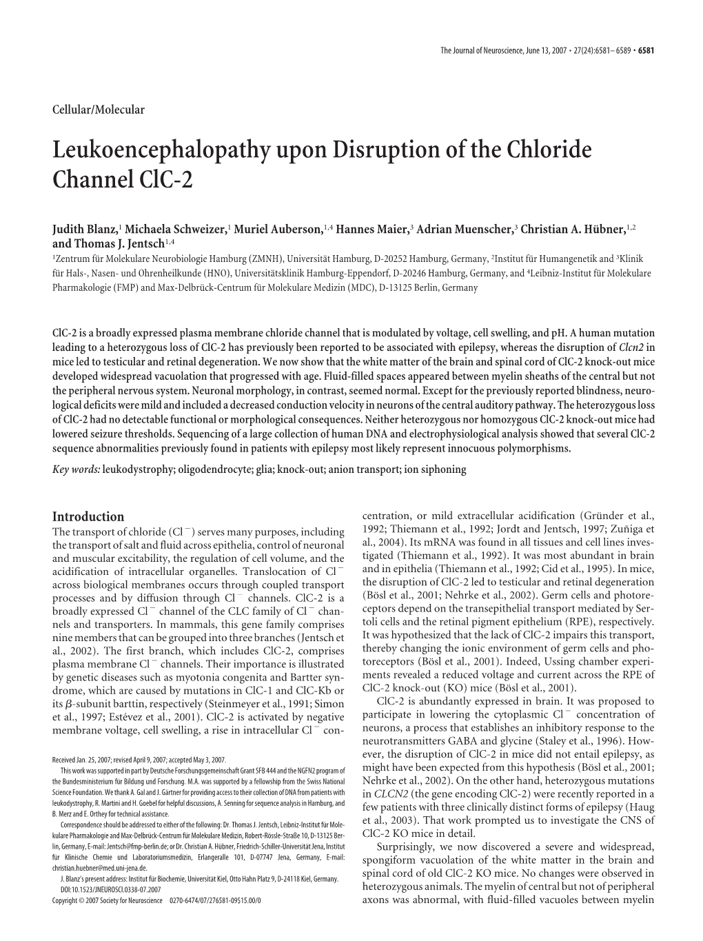 Leukoencephalopathy Upon Disruption of the Chloride Channel Clc-2