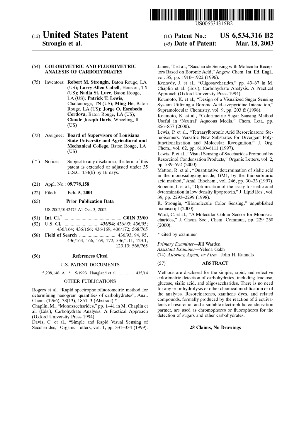 (12) United States Patent (10) Patent No.: US 6,534,316 B2 Strongin Et Al