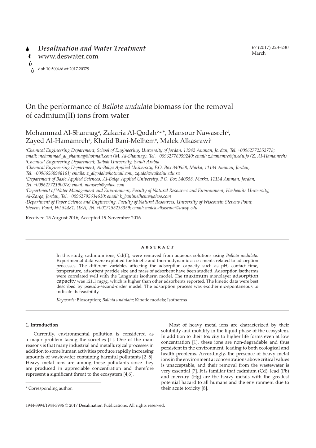 On the Performance of Ballota Undulata Biomass for the Removal of Cadmium(II) Ions from Water