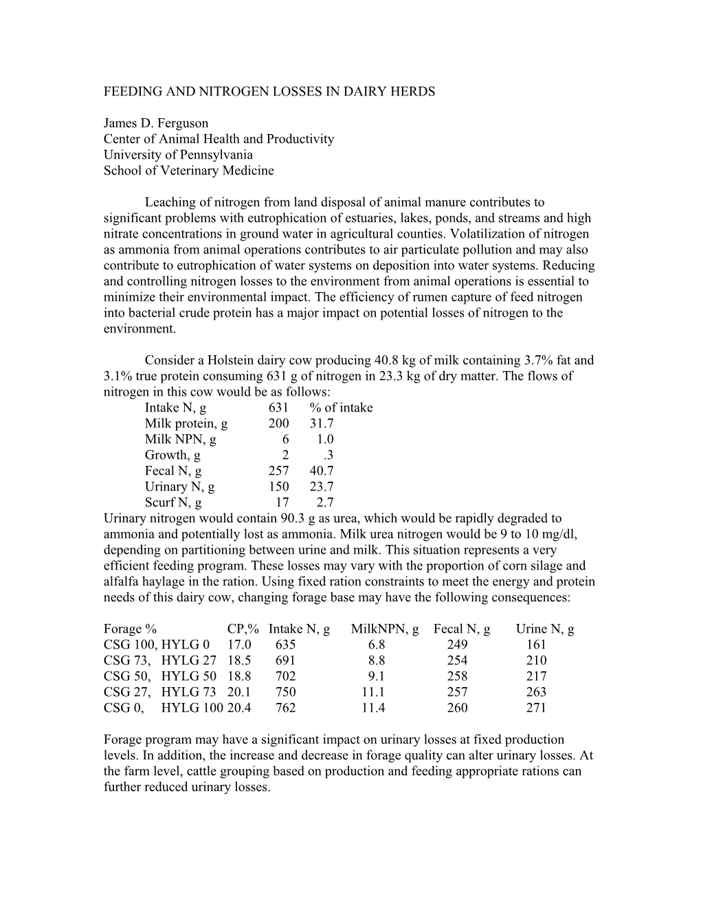 Feding and Nitrogen Losses in Dairy Herds