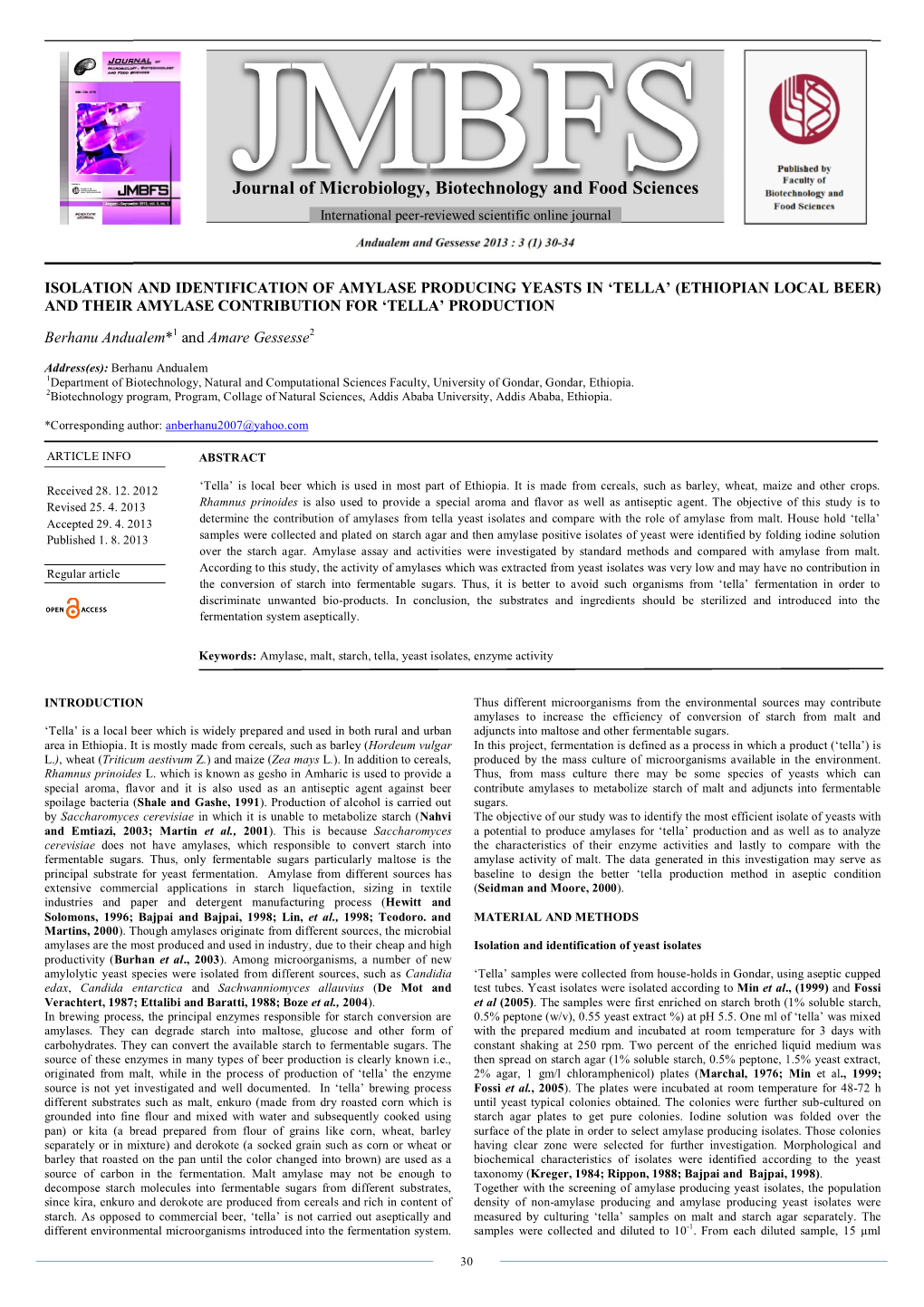 Isolation and Identification of Amylase Producing Yeasts in 'Tella'