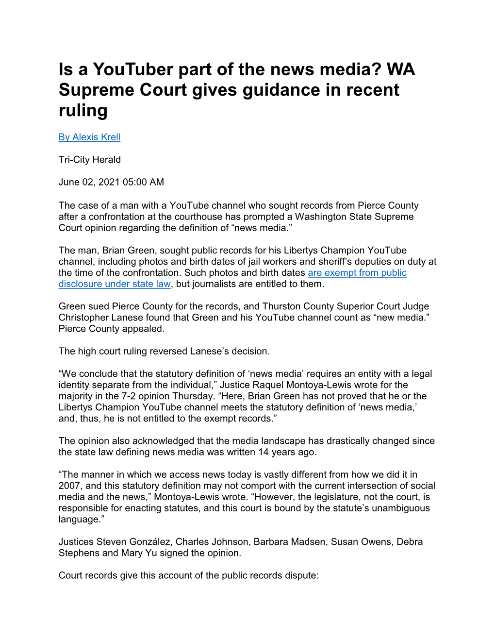 Is a Youtuber Part of the News Media? WA Supreme Court Gives Guidance in Recent Ruling