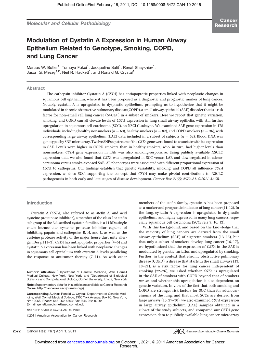 Modulation of Cystatin a Expression in Human Airway Epithelium Related to Genotype, Smoking, COPD, and Lung Cancer