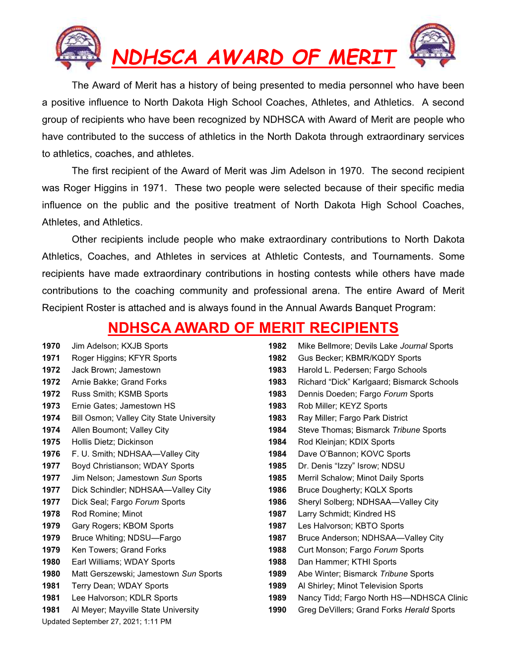 NDHSCA Award of Merit Recipients