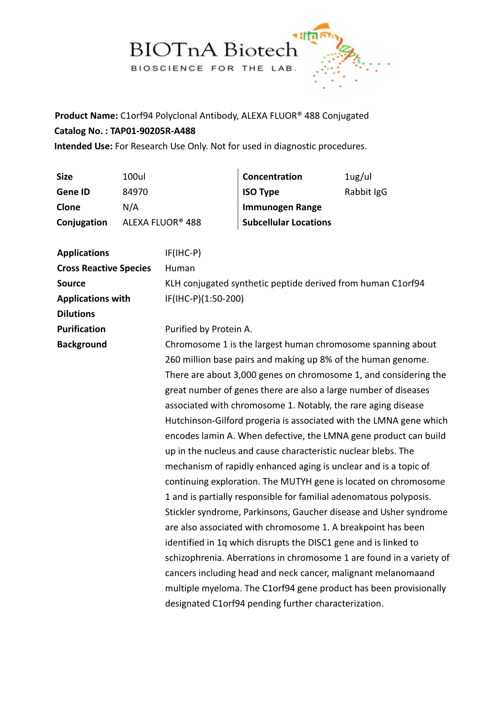 Product Name: C1orf94 Polyclonal Antibody, ALEXA FLUOR® 488 Conjugated Catalog No