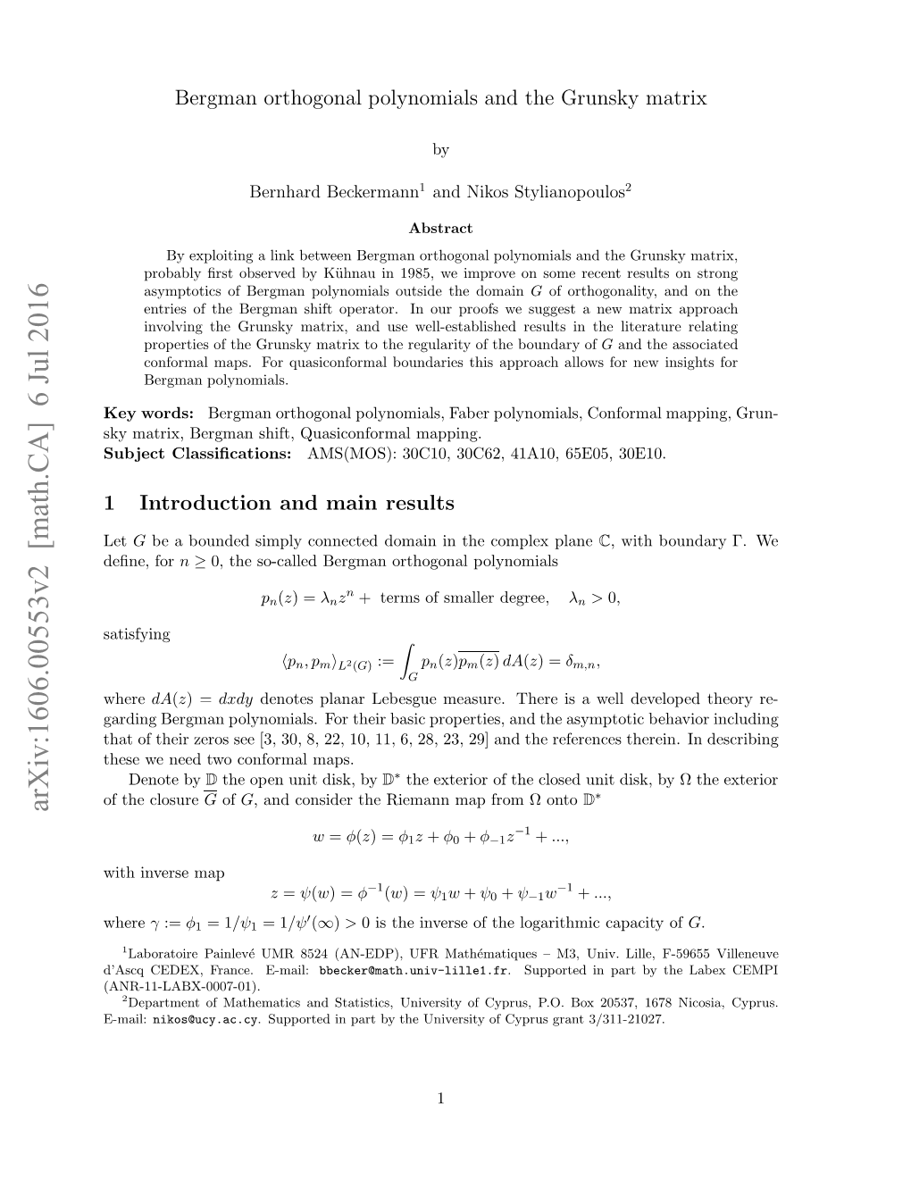 Bergman Orthogonal Polynomials and the Grunsky Matrix
