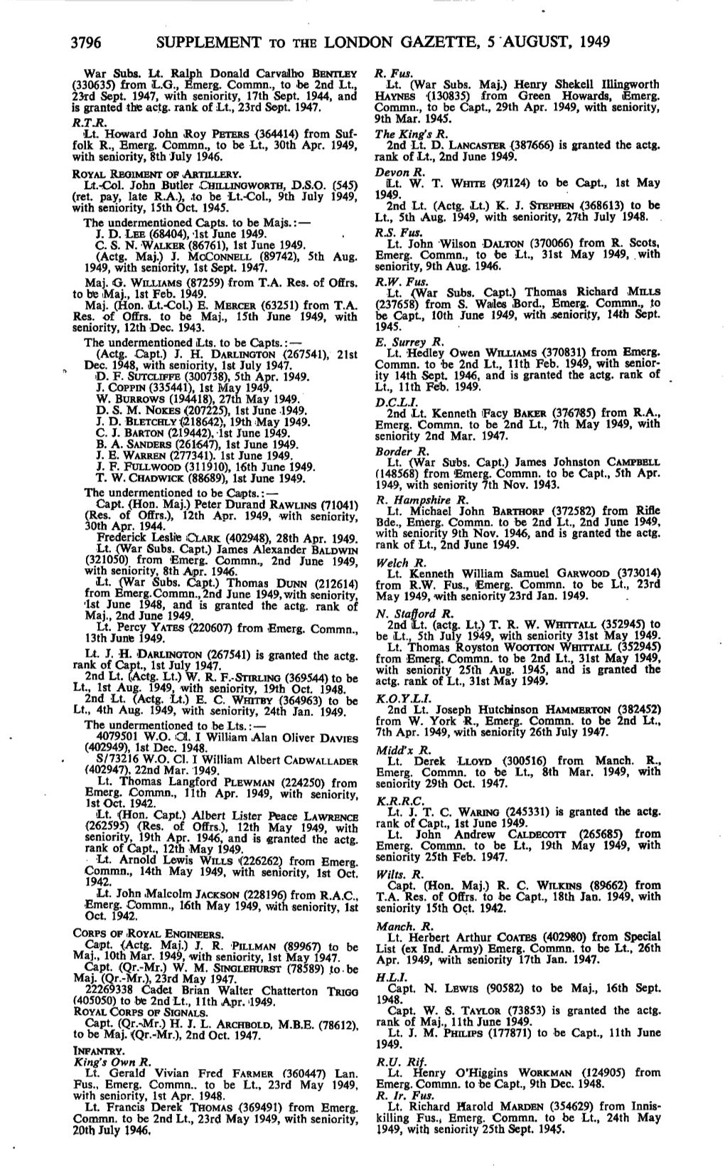 3796 Supplement to the London Gazette, 5 August, 1949
