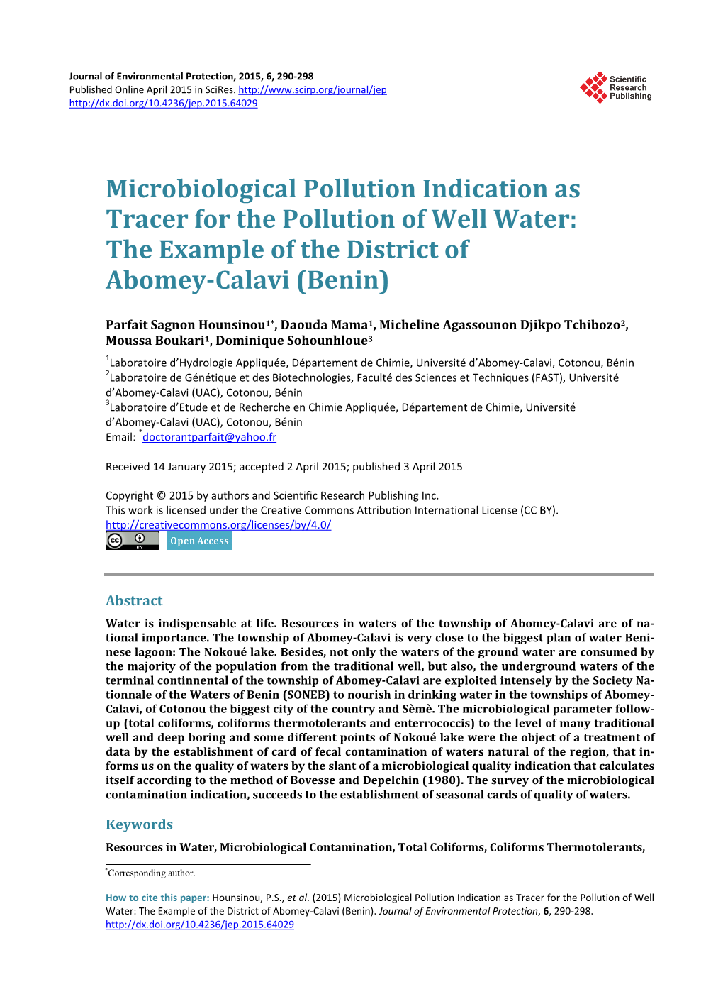 Microbiological Pollution Indication As Tracer for the Pollution of Well Water: the Example of the District of Abomey-Calavi (Benin)