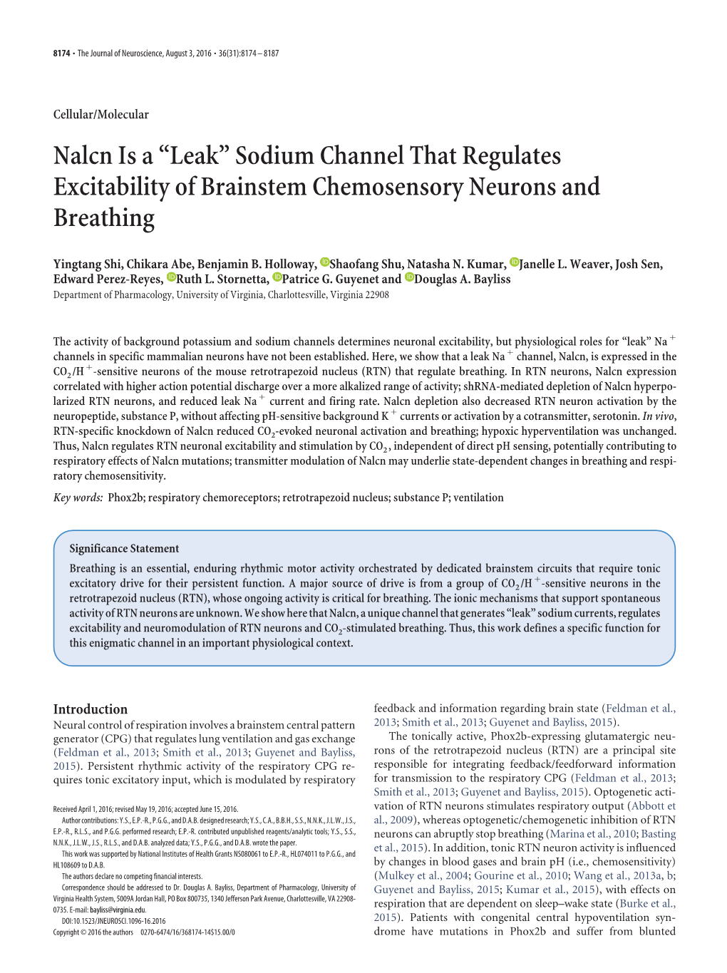 Nalcn Is a “Leak” Sodium Channel That Regulates Excitability of Brainstem Chemosensory Neurons and Breathing