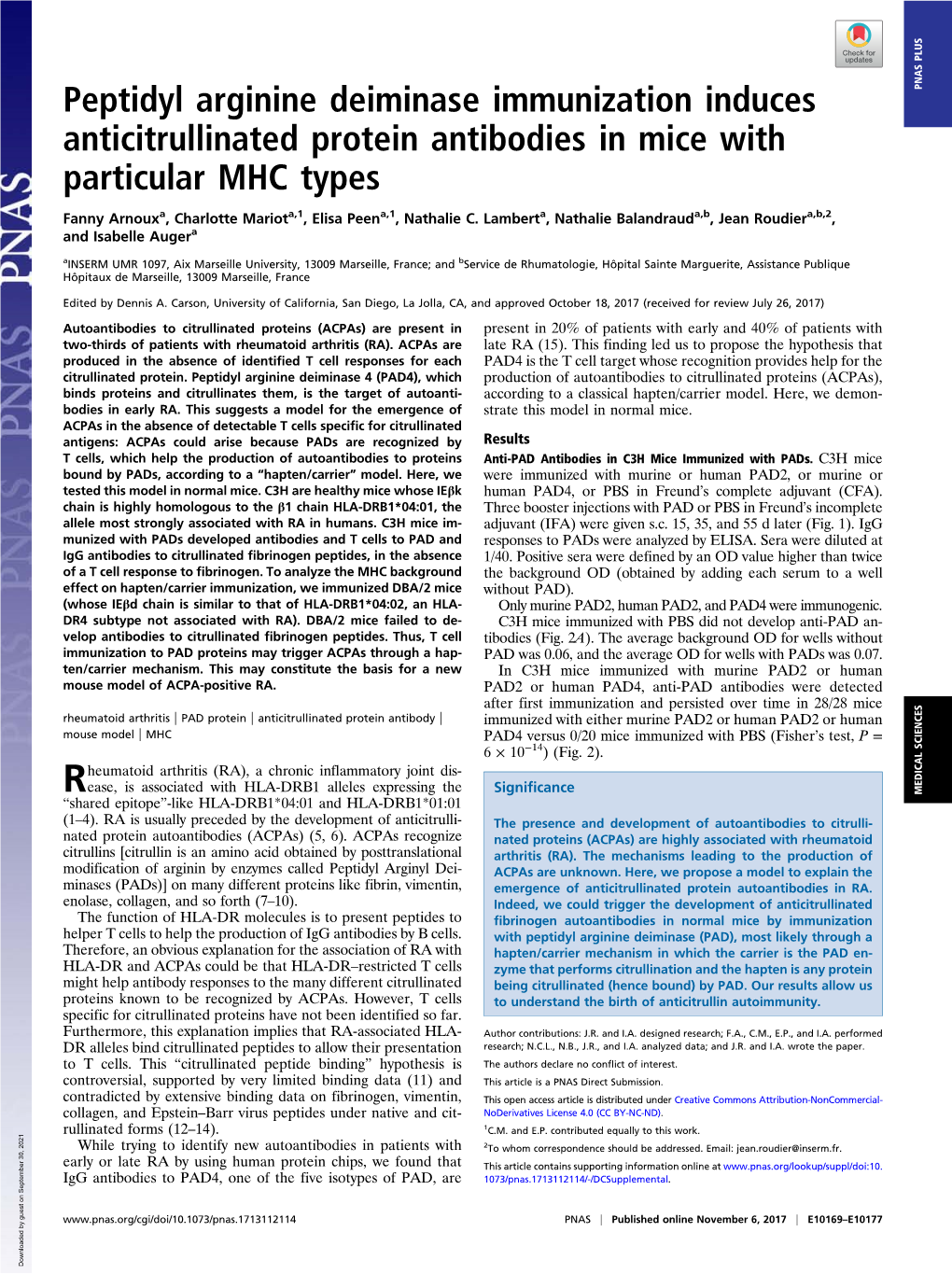 Peptidyl Arginine Deiminase Immunization Induces PNAS PLUS Anticitrullinated Protein Antibodies in Mice with Particular MHC Types