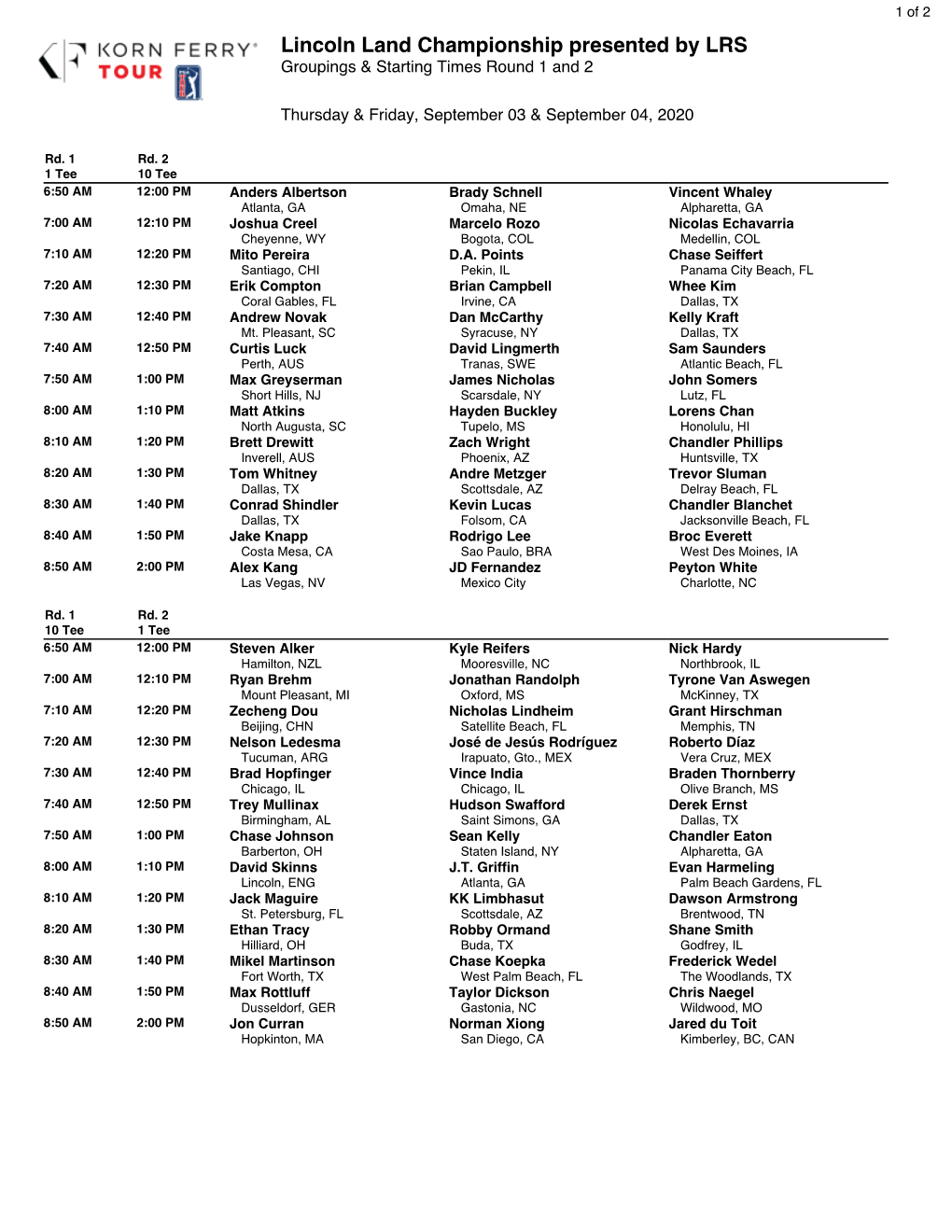 Lincoln Land Championship Presented by LRS Groupings & Starting Times Round 1 and 2