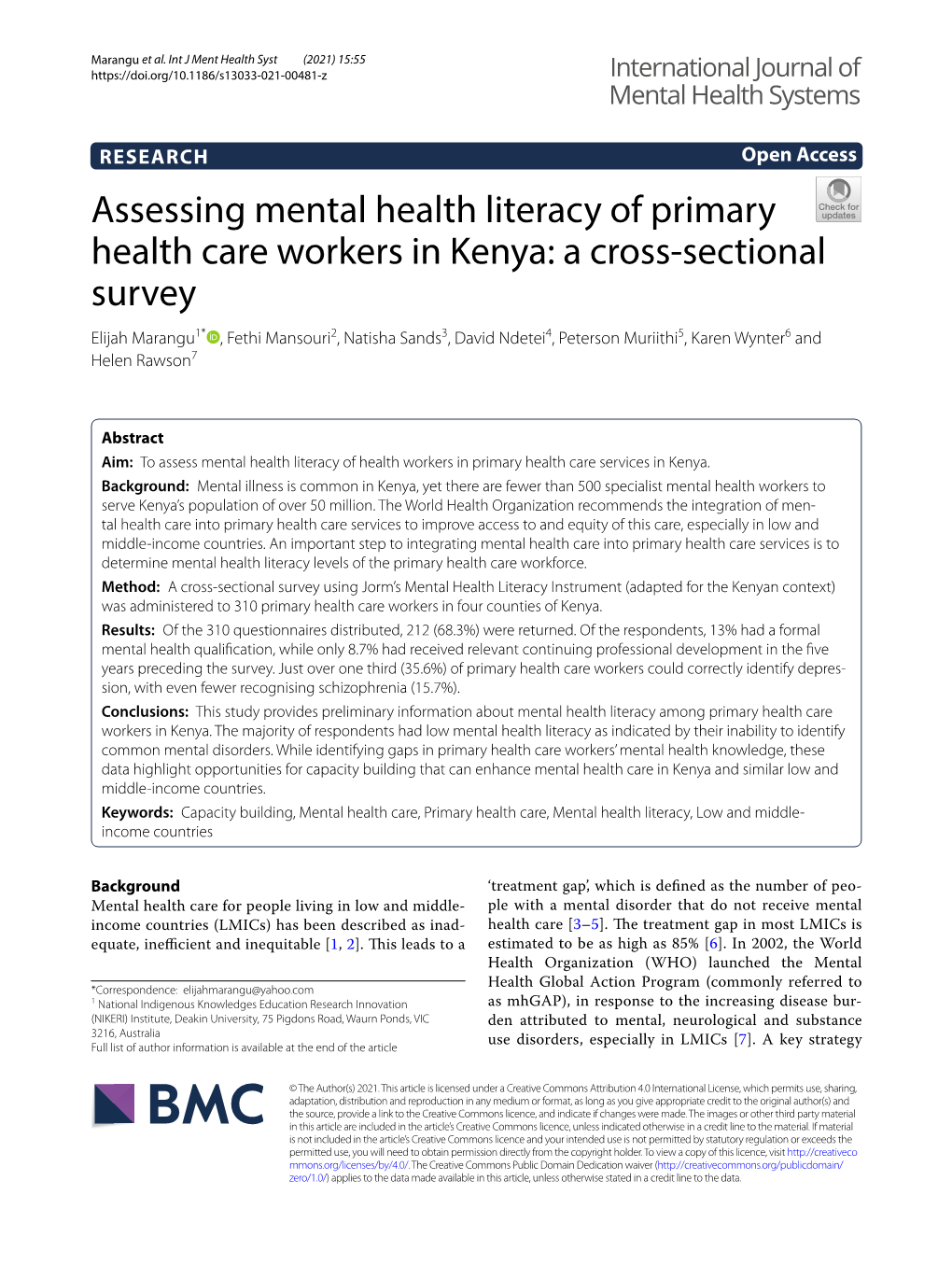 Assessing Mental Health Literacy of Primary Health Care Workers in Kenya