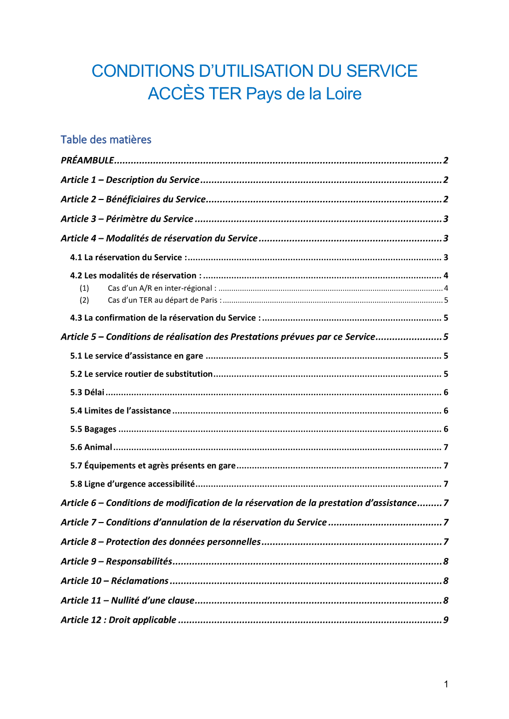 Conditions D'utilisation Du Service Accès TER Pays De La Loire