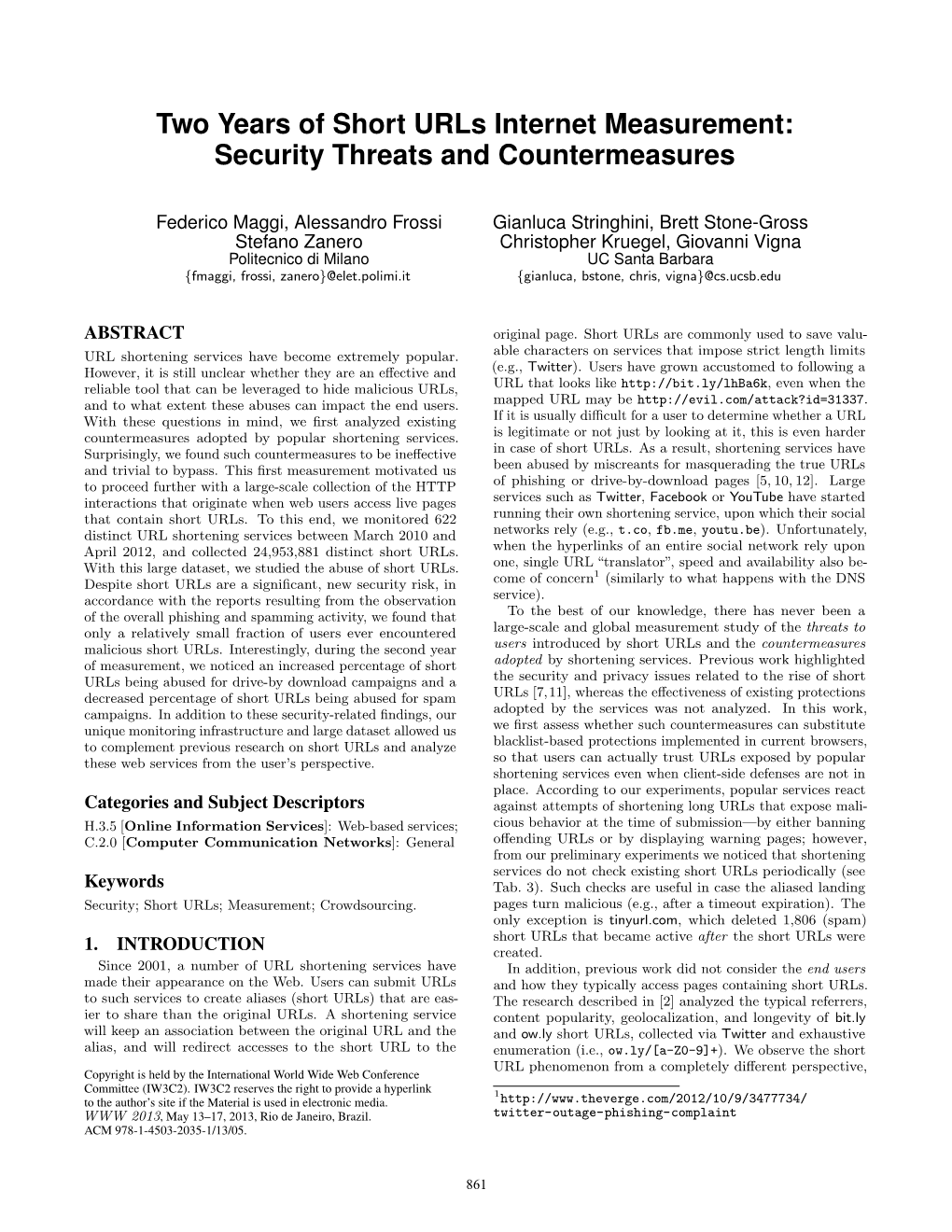 Two Years of Short Urls Internet Measurement: Security Threats and Countermeasures