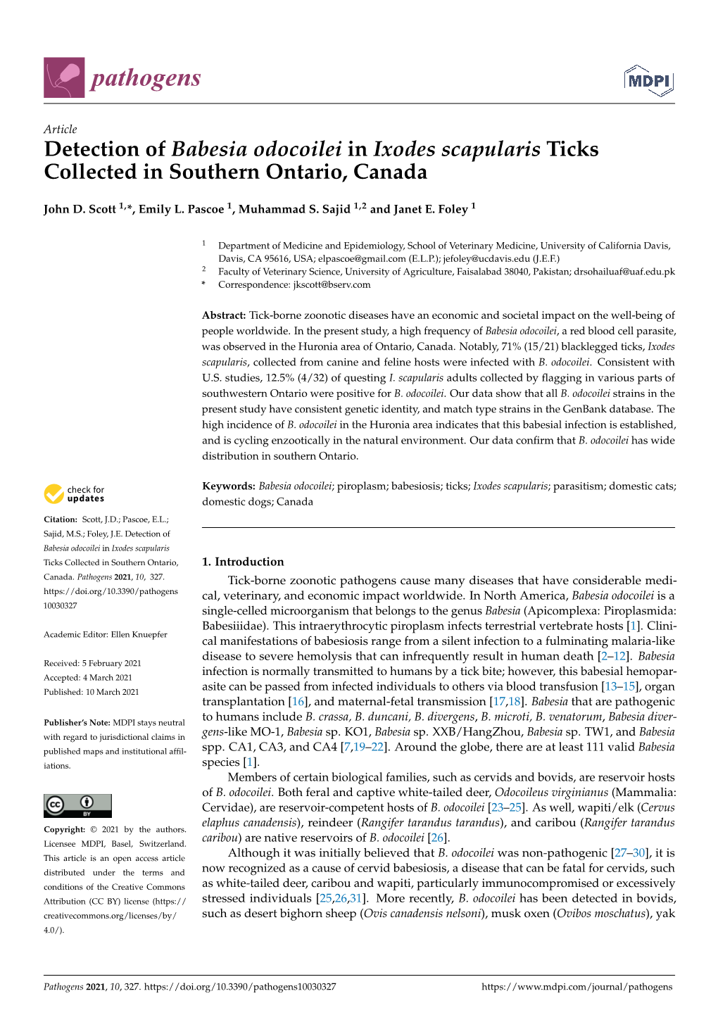 Detection of Babesia Odocoilei in Ixodes Scapularis Ticks Collected in Southern Ontario, Canada