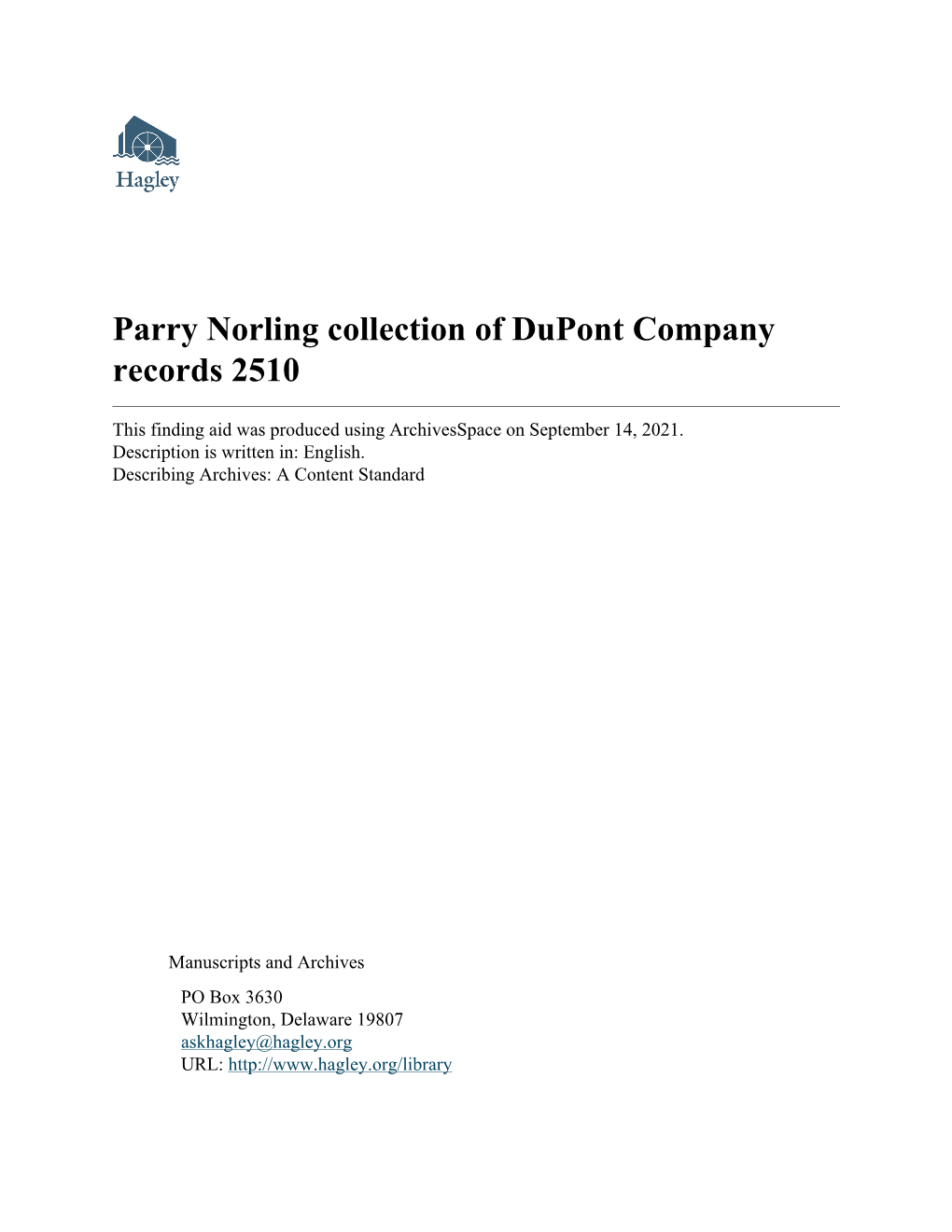 Parry Norling Collection of Dupont Company Records 2510