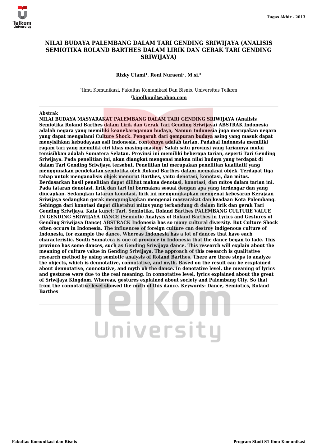 Nilai Budaya Palembang Dalam Tari Gending Sriwijaya (Analisis Semiotika Roland Barthes Dalam Lirik Dan Gerak Tari Gending Sriwijaya)