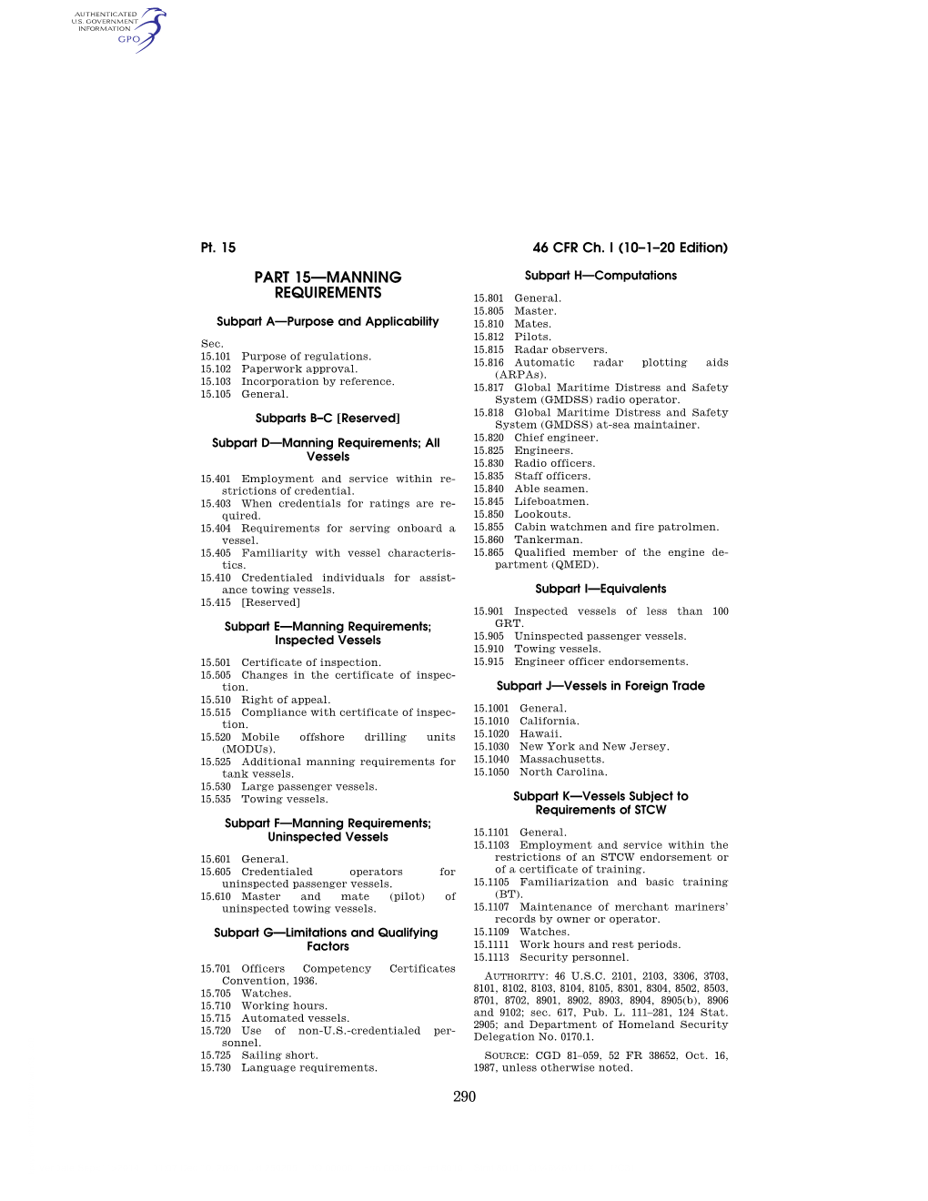 290 Part 15—Manning Requirements