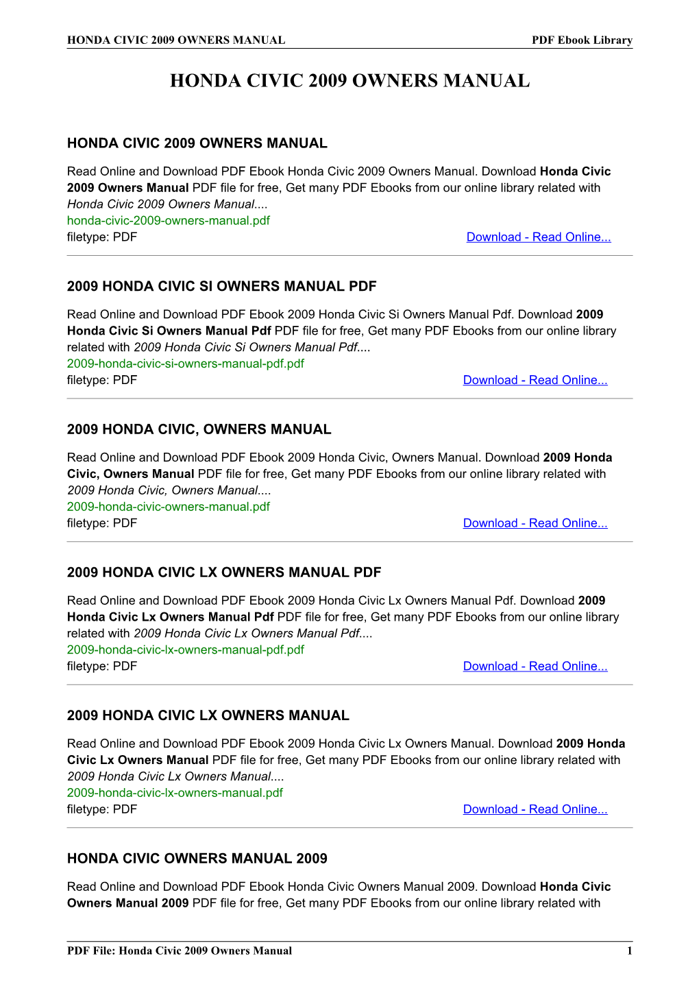 HONDA CIVIC 2009 OWNERS MANUAL PDF Ebook Library