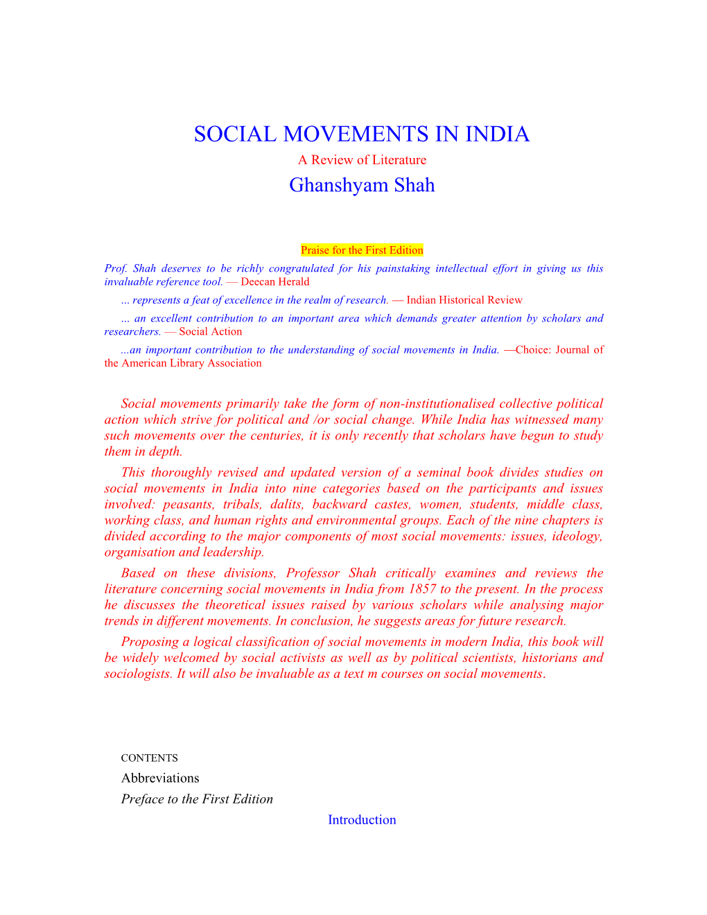 SOCIAL MOVEMENTS in INDIA a Review of Literature Ghanshyam Shah