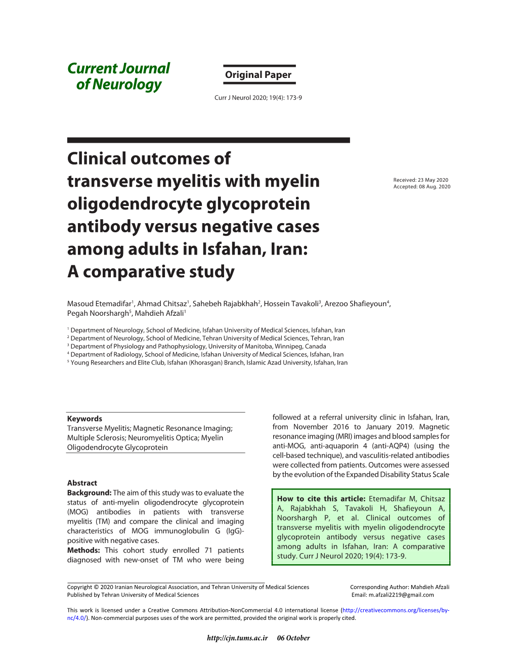 Clinical Outcomes of Transverse Myelitis with Myelin