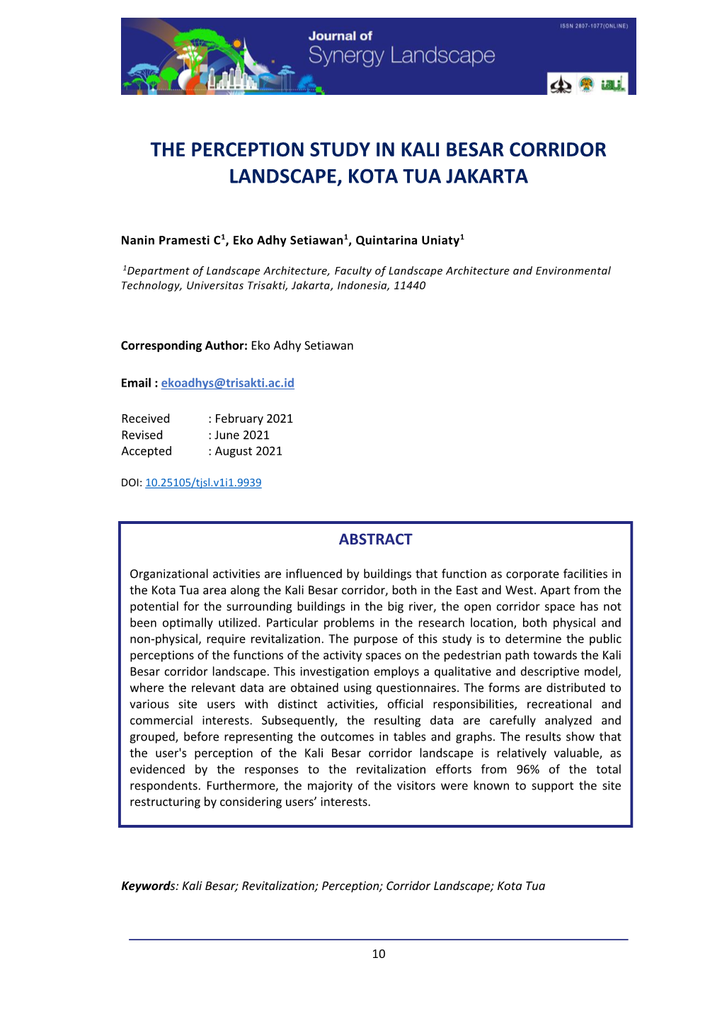The Perception Study in Kali Besar Corridor Landscape, Kota Tua Jakarta