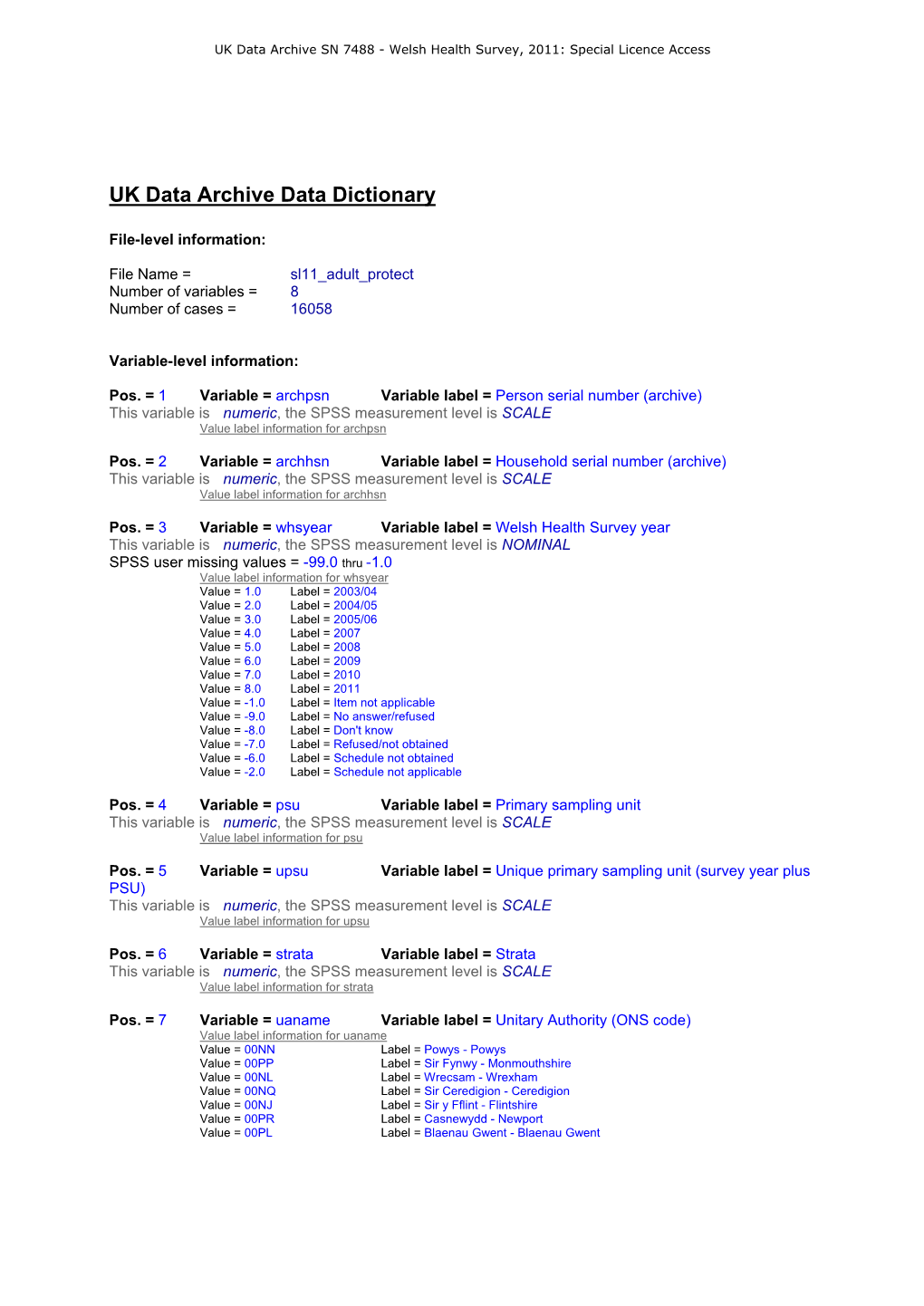 UK Data Archive Data Dictionary