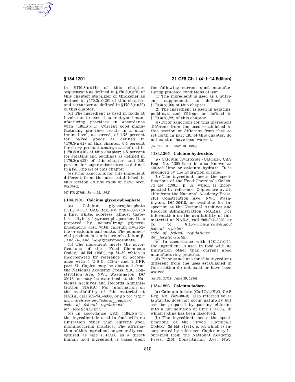 21 CFR Ch. I (4–1–14 Edition) § 184.1201