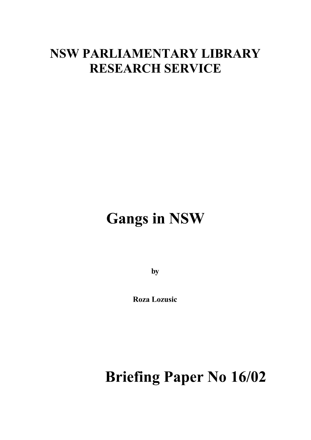 Gangs in NSW Briefing Paper No 16/02
