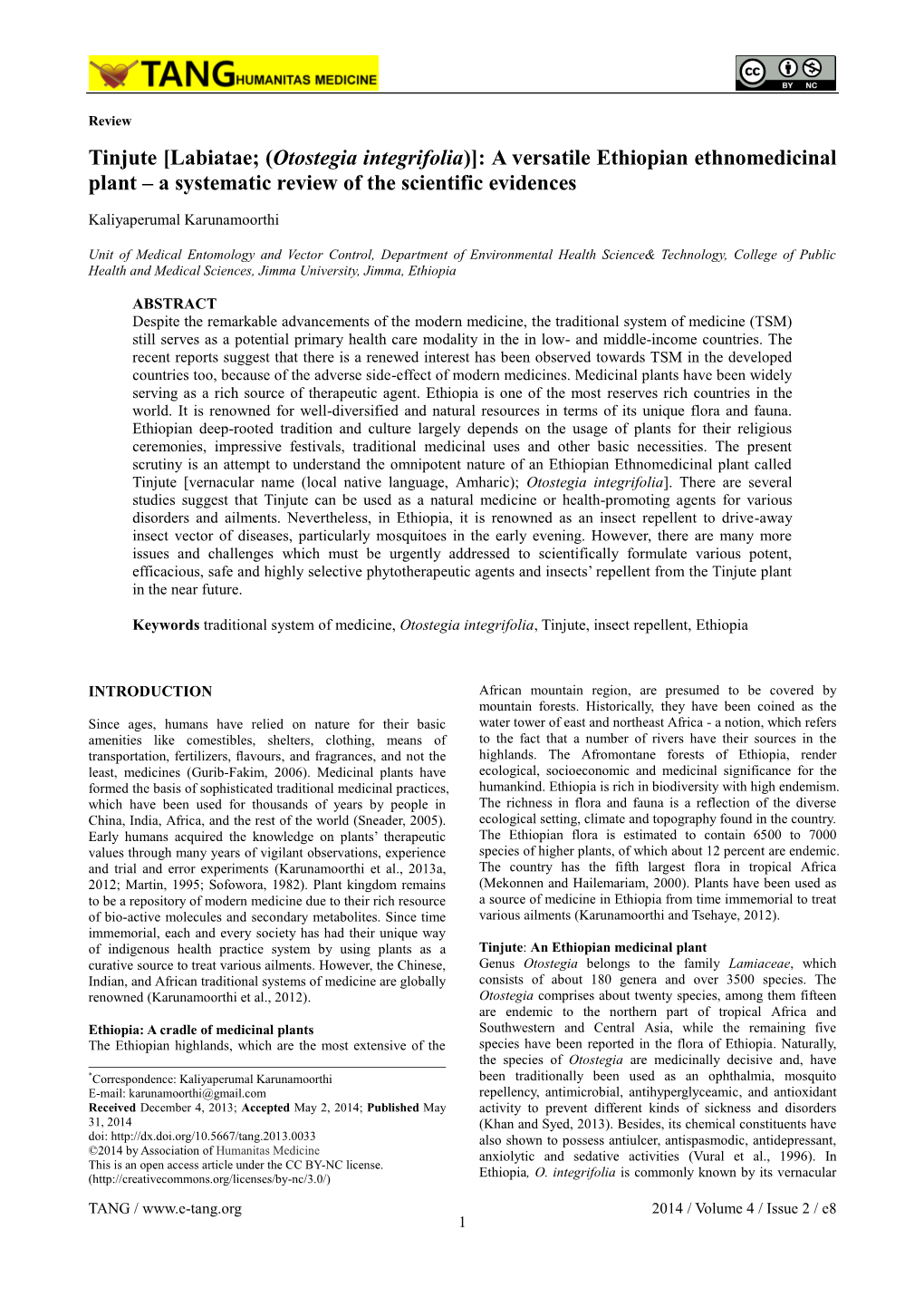 Labiatae; (Otostegia Integrifolia)]: a Versatile Ethiopian Ethnomedicinal Plant – a Systematic Review of the Scientific Evidences