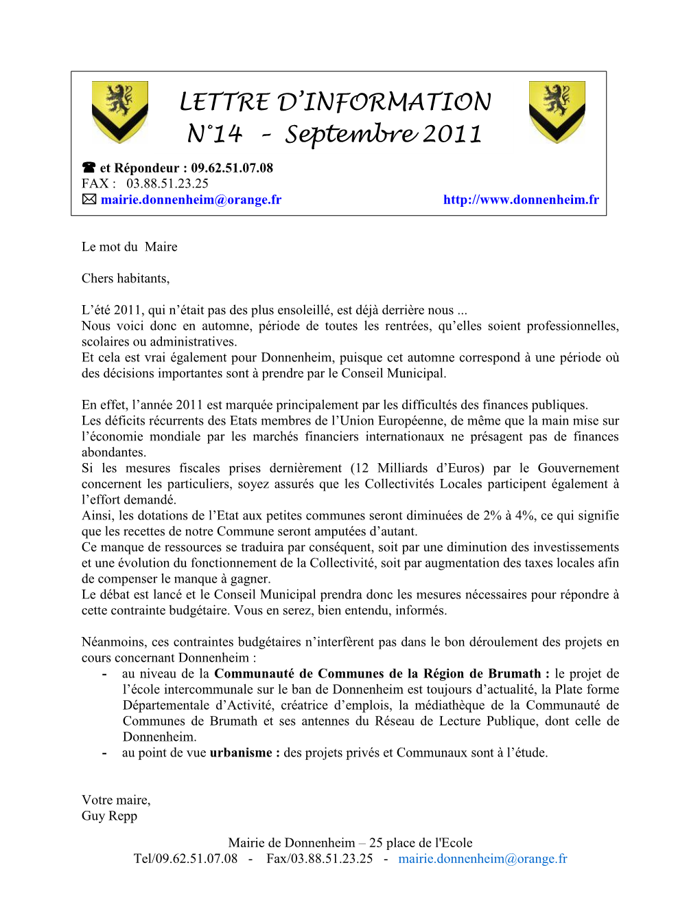 LETTRE D'information N°14 – Septembre 2011