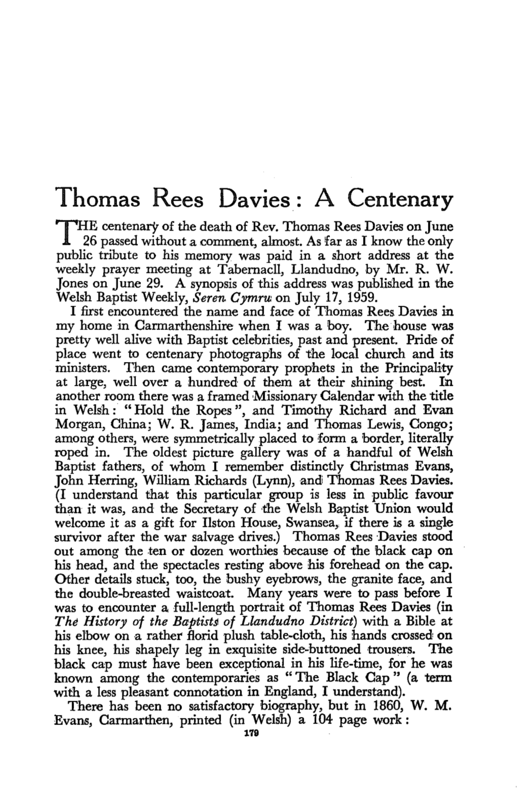 Thomas Rees Davies: a Centenary the Centenary of the Death of Rev