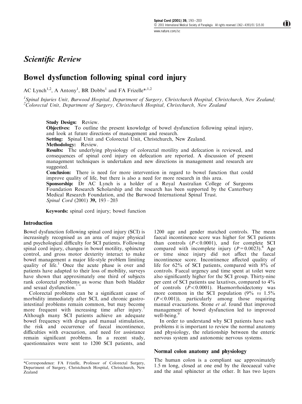 Scienti®C Review Bowel Dysfunction Following Spinal Cord Injury