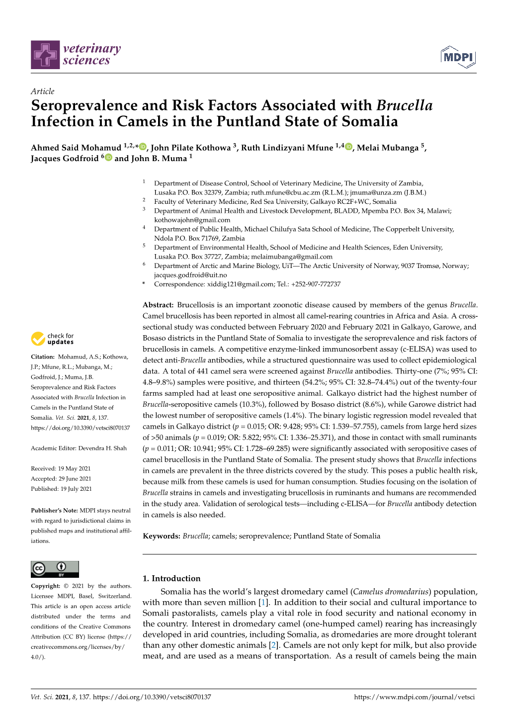 Seroprevalence and Risk Factors Associated with Brucella Infection in Camels in the Puntland State of Somalia