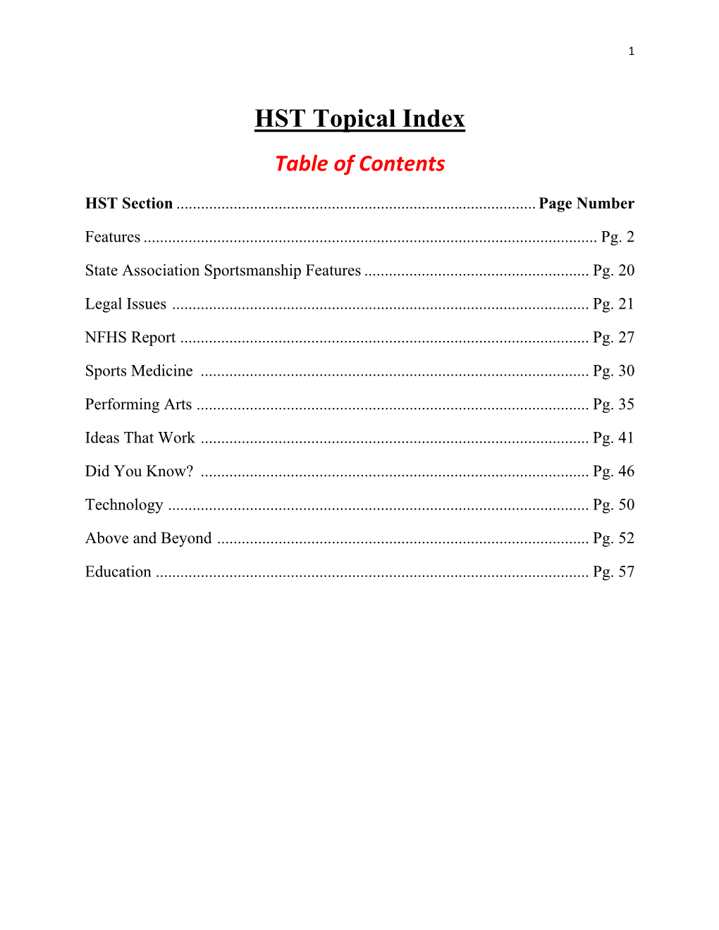 HST Topical Index Table of Contents