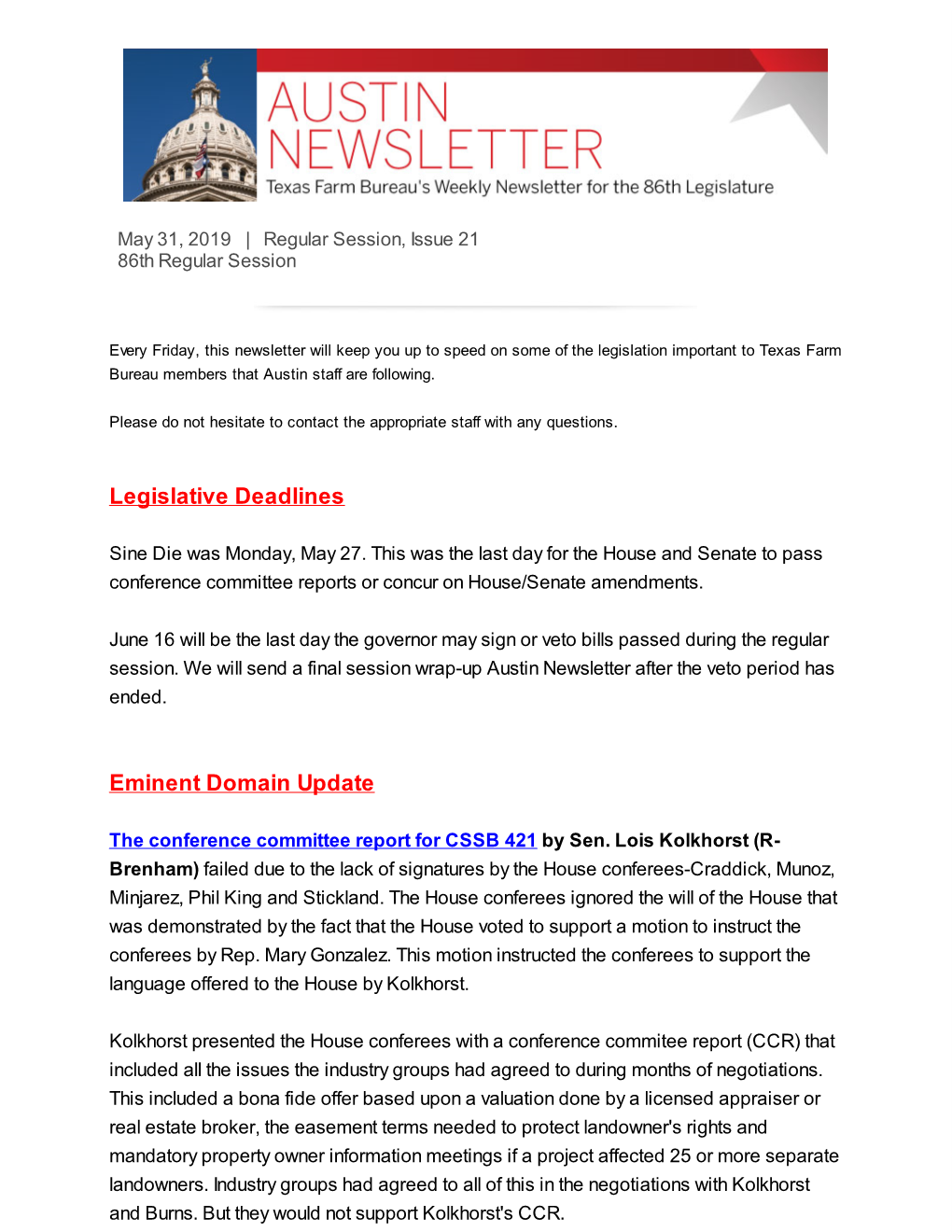 Legislative Deadlines Eminent Domain Update