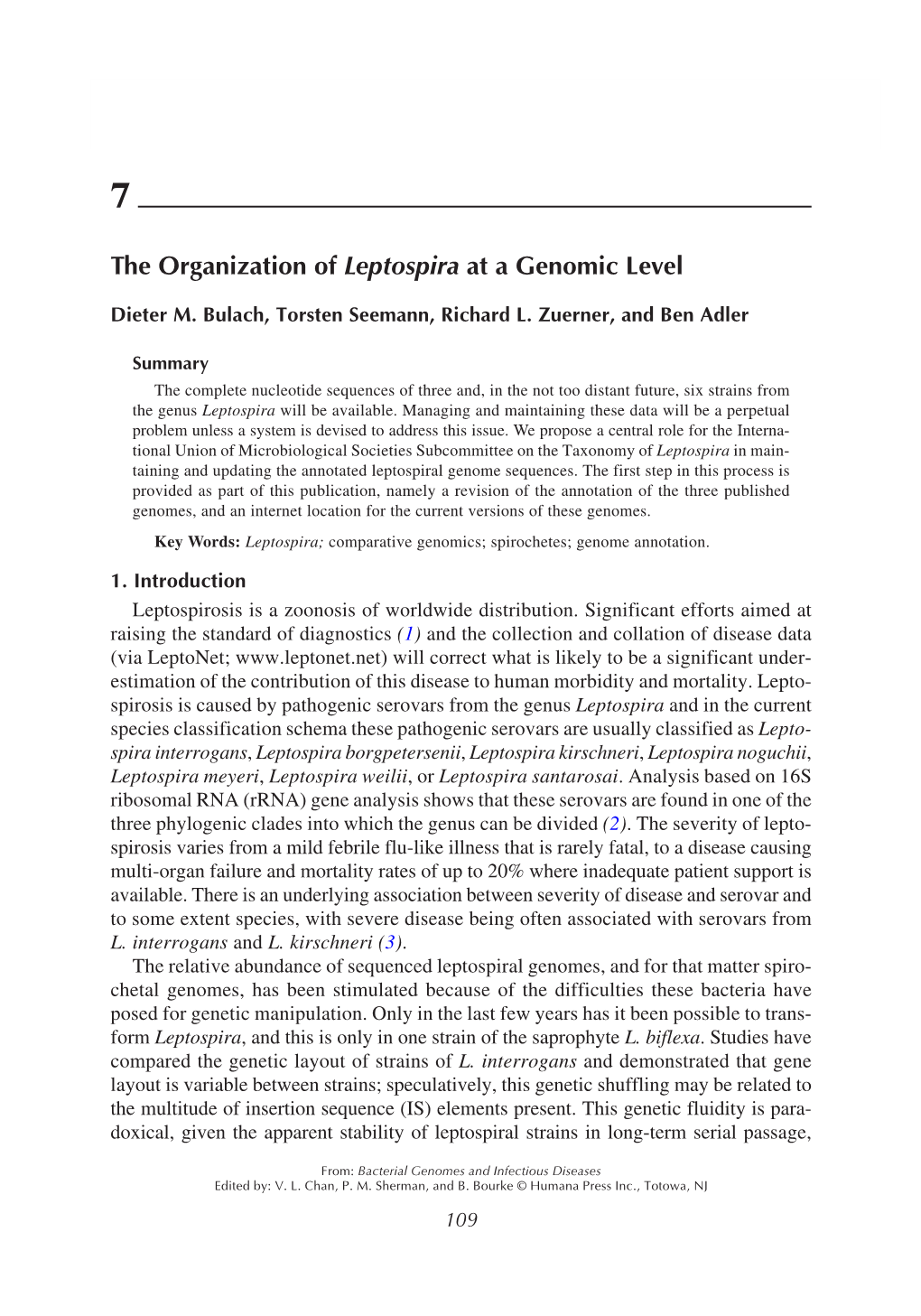 The Organization of Leptospira at a Genomic Level