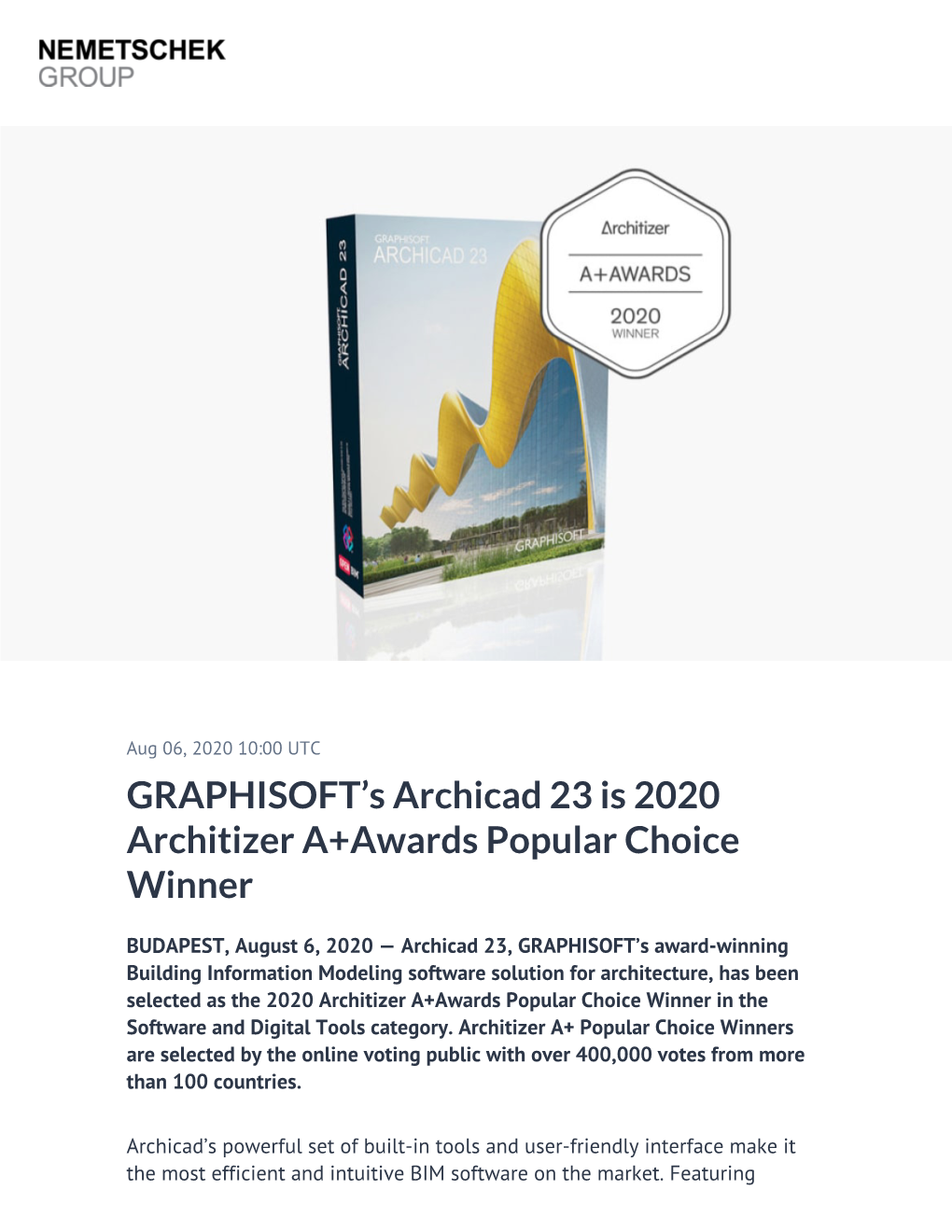 GRAPHISOFT's Archicad 23 Is 2020 Architizer A+Awards Popular