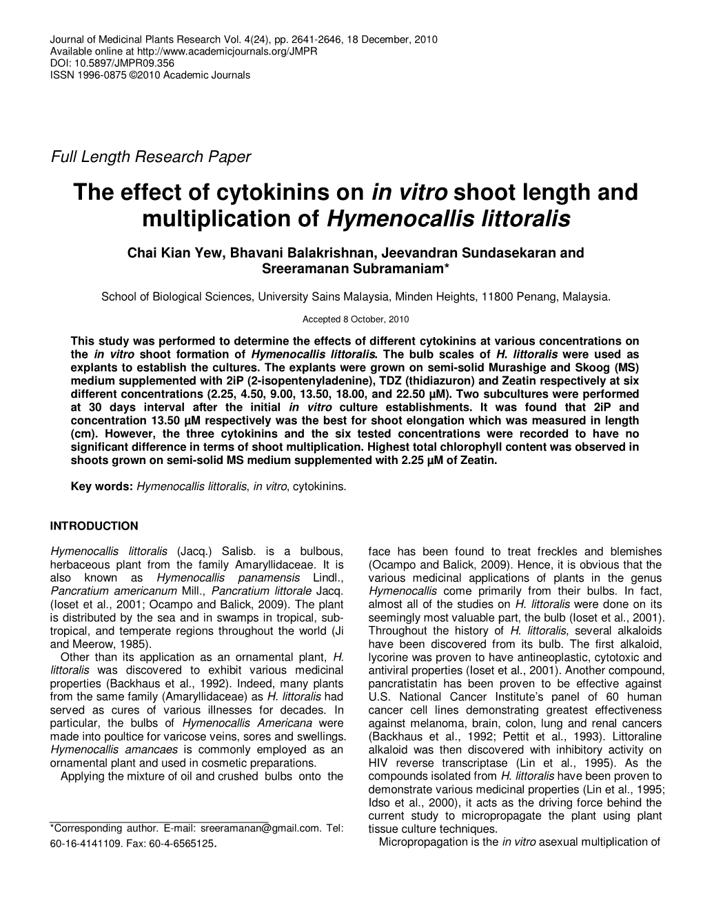 The Effect of Cytokinins on in Vitro Shoot Length and Multiplication of Hymenocallis Littoralis