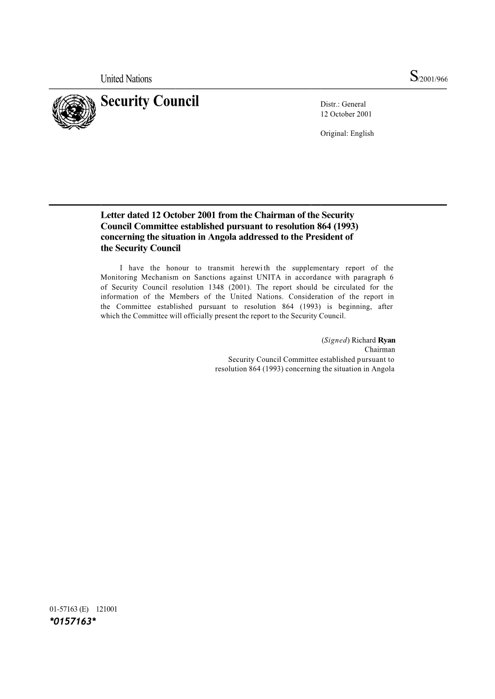 Security Council Distr.: General 12 October 2001