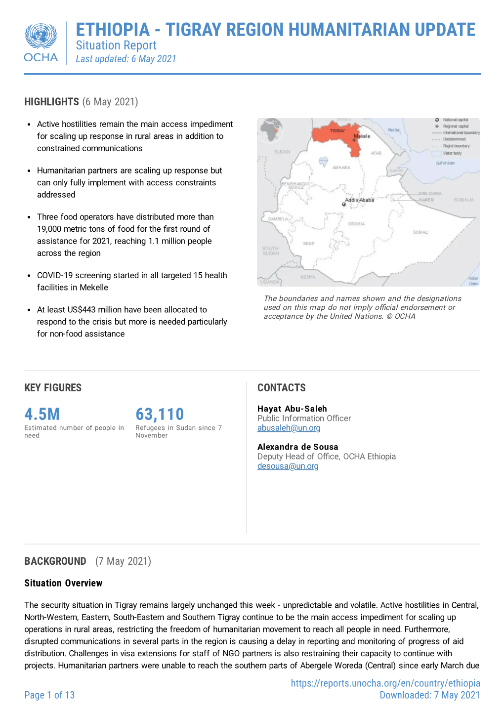 Ethiopia Tigray Region Humanitarian Update Situation Report 6 May 2021