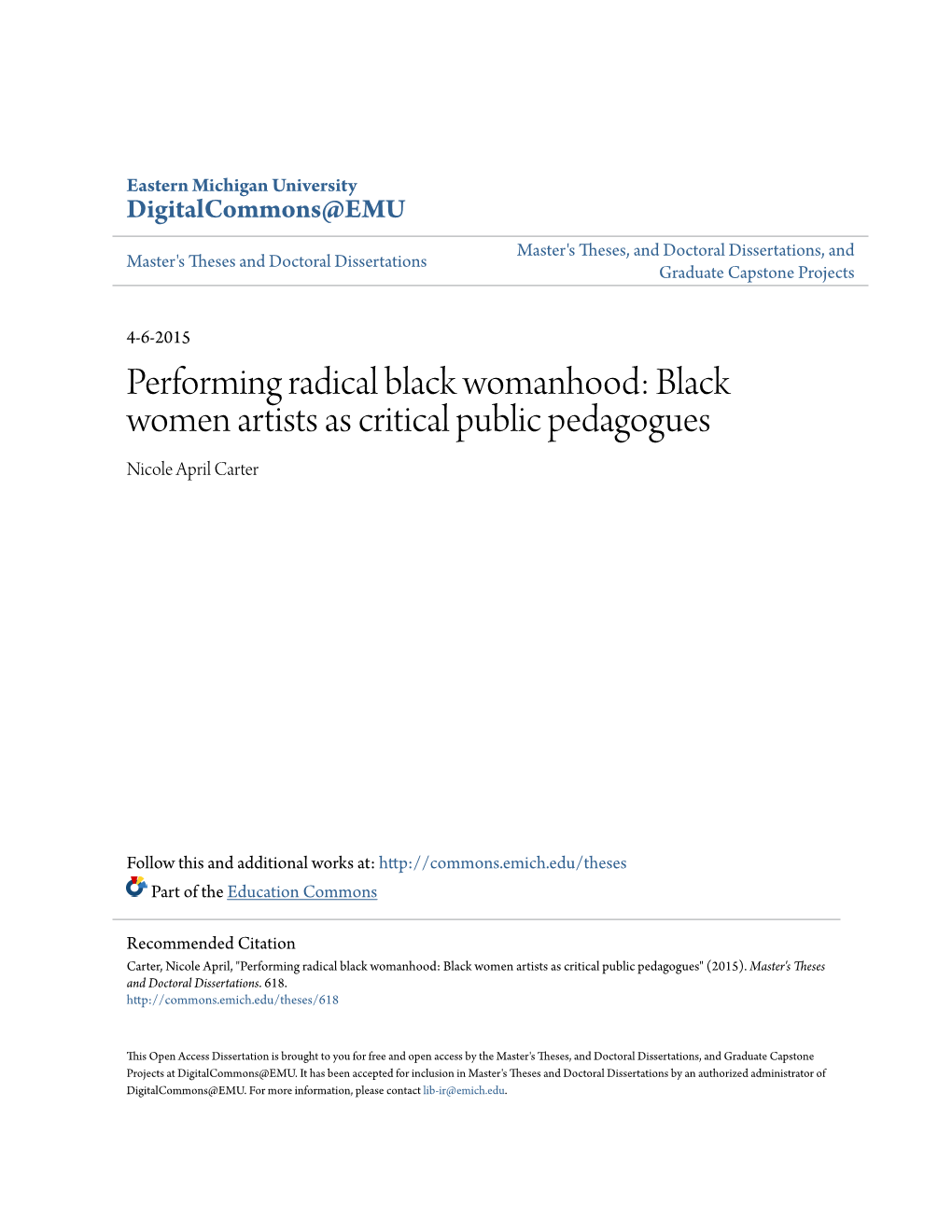 Black Women Artists As Critical Public Pedagogues Nicole April Carter