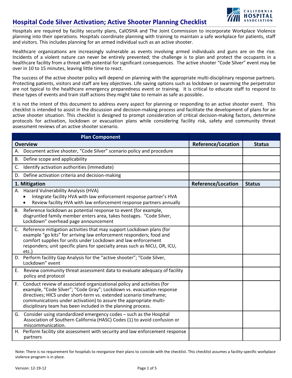 Sample Hospital Evacuation Plan Template (Checklist)