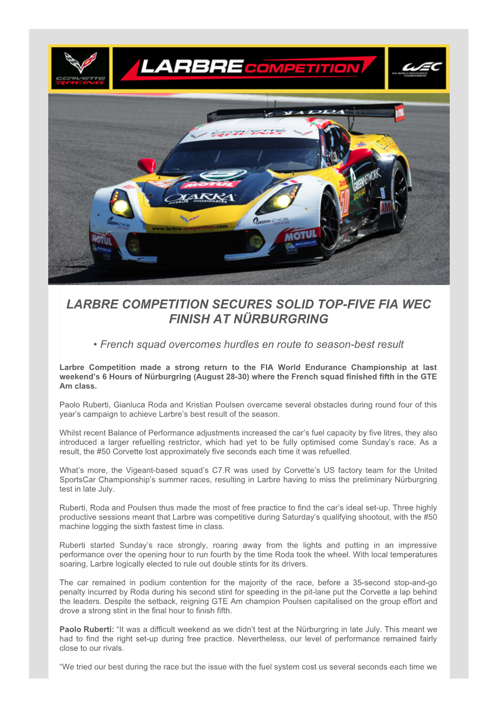 Larbre Competition Secures Solid Topfive Fia Wec Finish