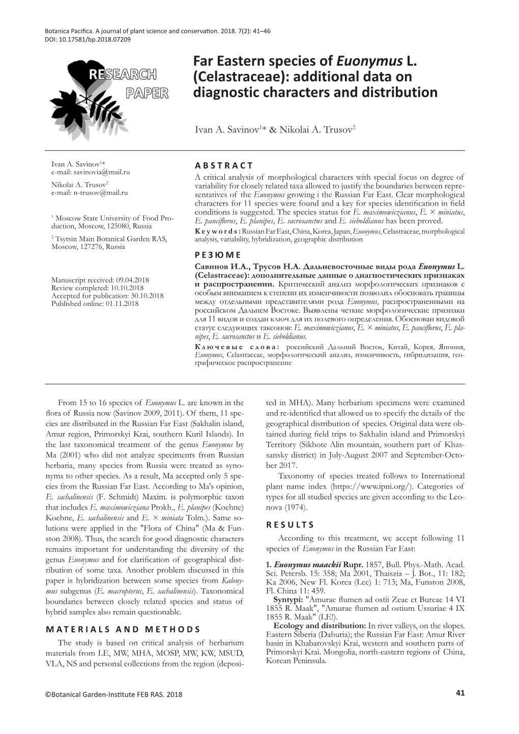 Far Eastern Species of Euonymus L. (Celastraceae): Additional Data on Diagnostic Characters and Distribution