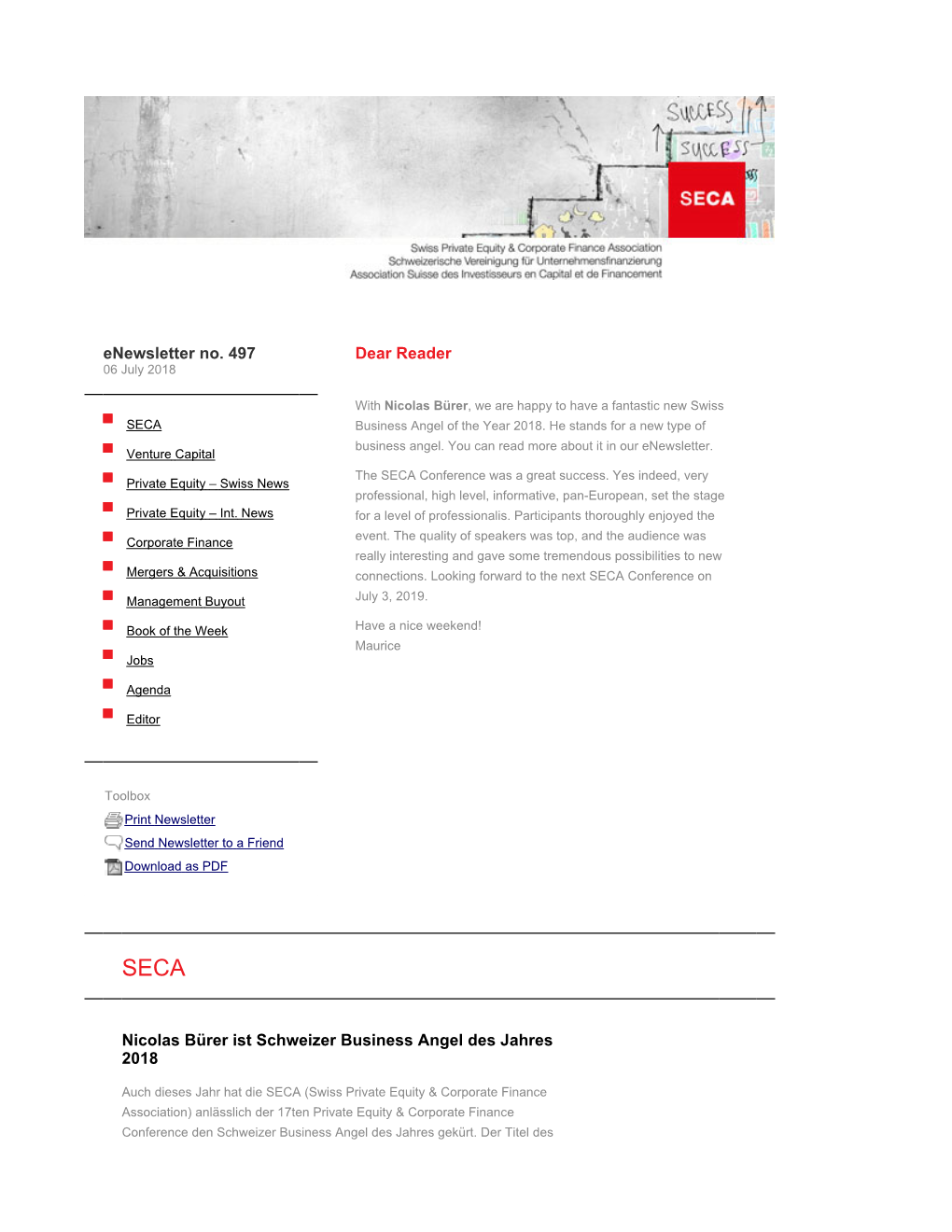 Enewsletter No. 497 | SECA | Swiss Private Equity & Corporate Finance