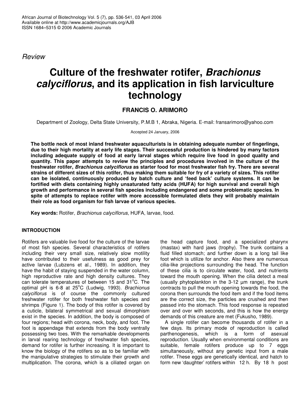 Culture of the Freshwater Rotifer, Brachionus Calyciflorus, and Its Application in Fish Larviculture Technology